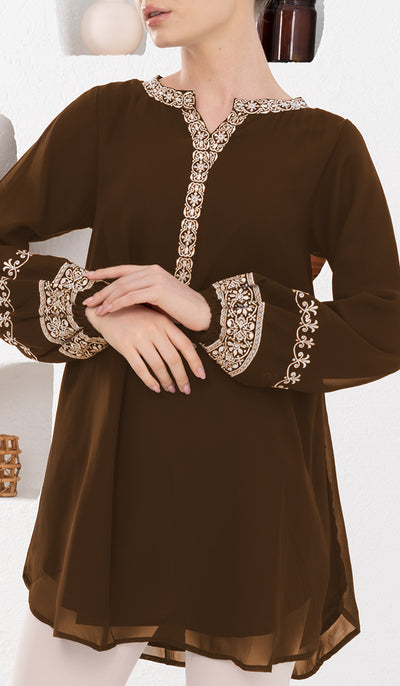 Amalie Embroidered Long Modest Tunic - Cocoa
