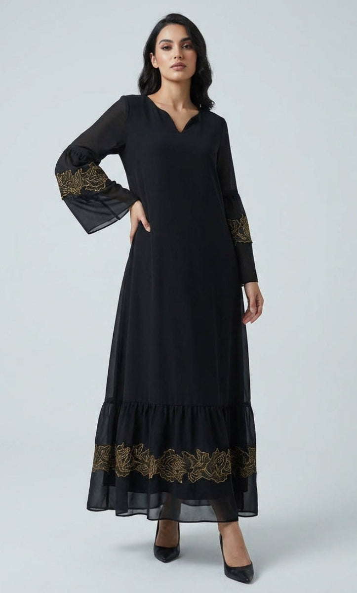 Mahin Black and Gold Embroidered Chiffon Modest Long Maxi Dress | Modest Muslim Dresses | Artizara ARTIZARA.COM Mahin Black and Gold Embroidered Chiffon Modest Long Maxi Dress | Modest Muslim Dresses | Artizara ARTIZARA.COM