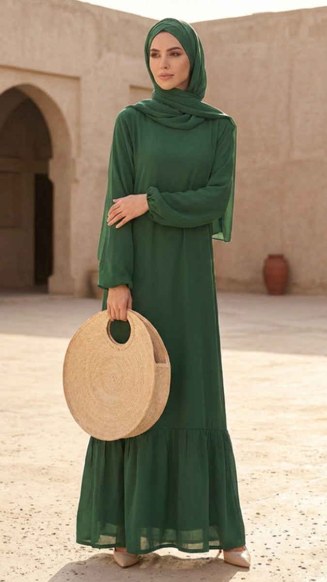 Batool Emerald Green Chiffon Modest Long Maxi Dress | Modest Muslim Dresses 