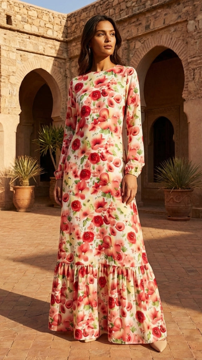 flora print chiffon maxi dress Batool Pink and White Floral Modest Long | Modest Muslim Dresses 6-8-26REC Men's Dark Brown Long polyester This dress is Dress's Color:4#-Orange