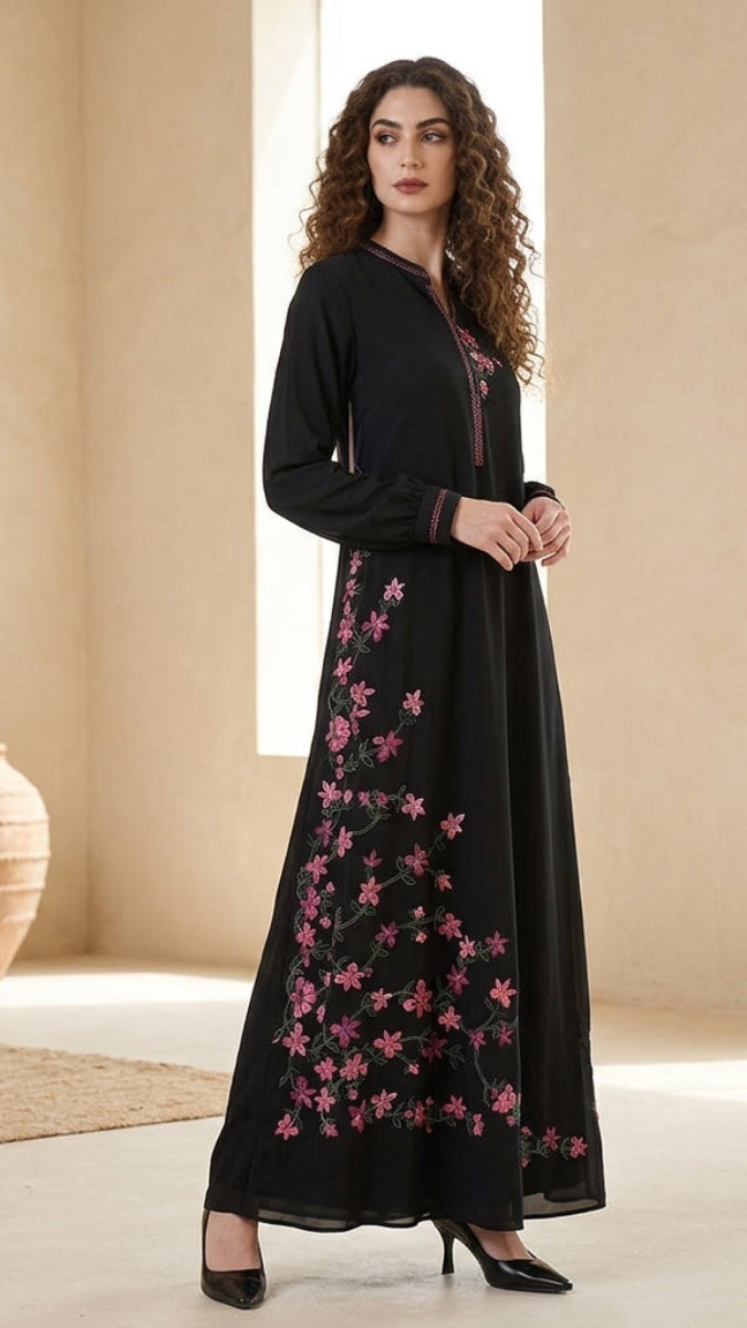 Habila Floral Embroidered Modest Long Maxi Dress - Black/ Pink | Modest Muslim Dresses