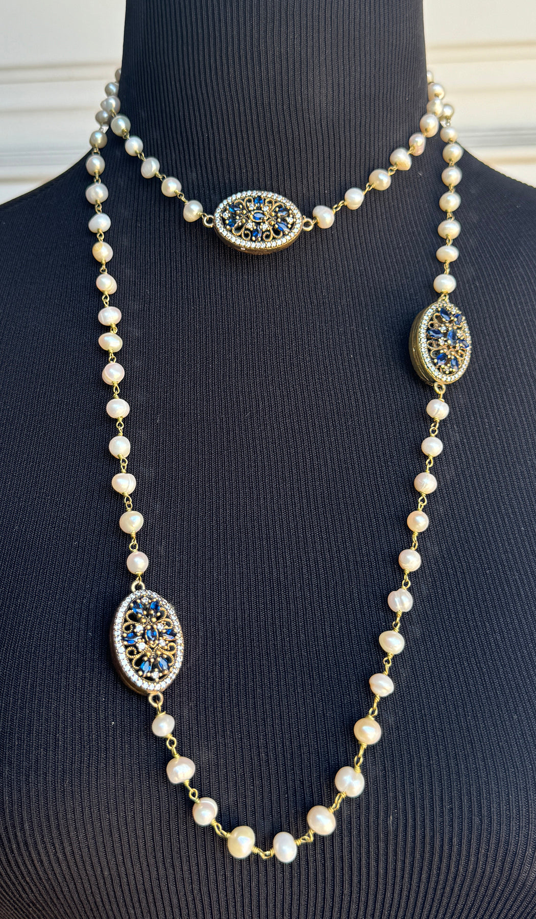 Long 2 way Ottoman Style Pearl Strand Necklace - Blue/White 