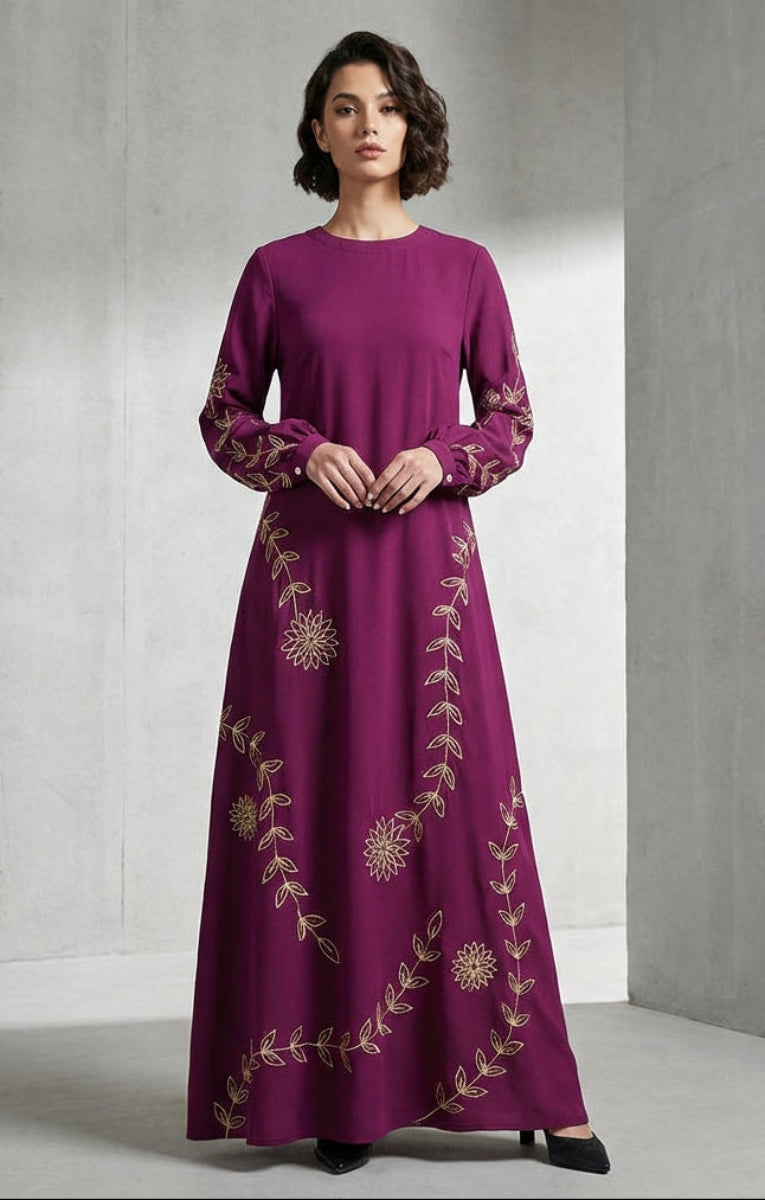 modest purple dresses Noor Orchid Purple and Gold Embroidered Formal Modest Long Maxi Dress | Modest Muslim Dresses