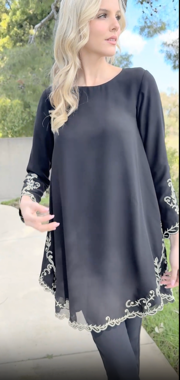 Meena Chiffon Formal Embroidered Long Modest Tunic - Black