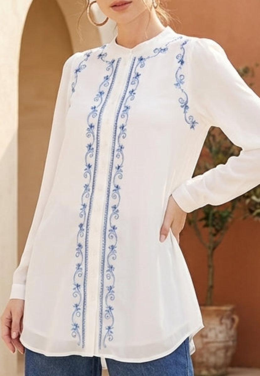 Tasin Embroidered Modest Button down Tunic - Off White/Blue