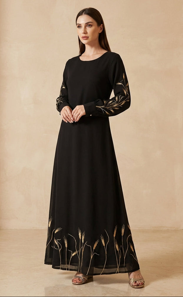 Zeeba Black and Gold Embroidered Formal Modest Long Maxi Dress | Modest Muslim Dresses
