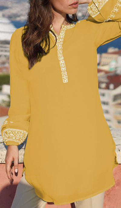 Amalie Embroidered Long Modest Tunic - Saffron - PREORDER (ships in 2 weeks)
