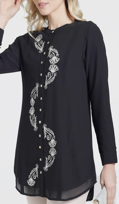 Aroosa Embroidered Chiffon Modest Button down Shirt - Black