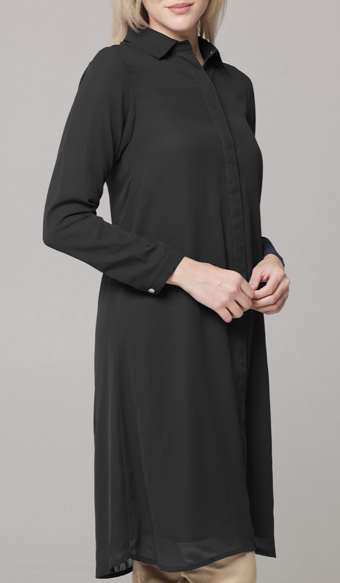 green emerald velvet dress Asra Black Long Flowy Buttondown Shirt Jacket | Modest Islamic Clothing