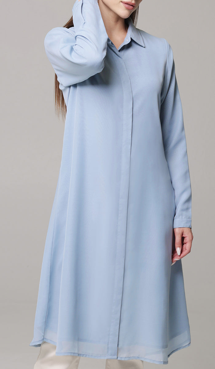 fitted lace wedding dress Asra Powder Blue Long Flowy Buttondown Shirt Jacket | Modest Islamic Clothing