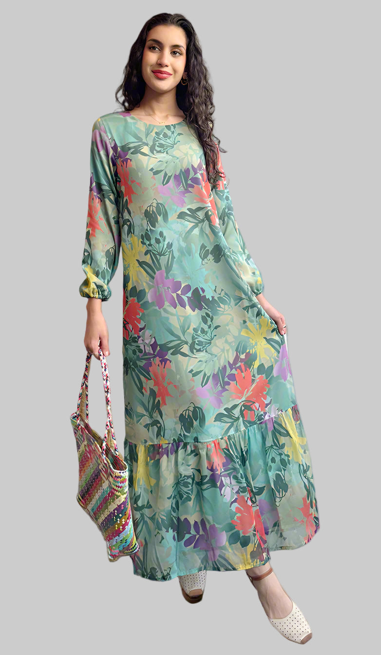 Woman wearing a colorful floral dress standing outdoors.