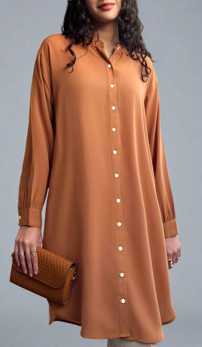 midi tunic dress for women Fareen Long Flowy Buttondown Midi Tunic - Russett | Modest Islamic Clothing