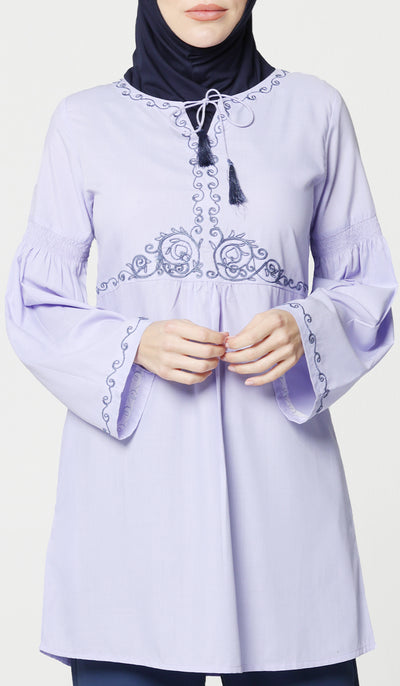 Haseen Embroidered Long Modest Tunic - Lavender