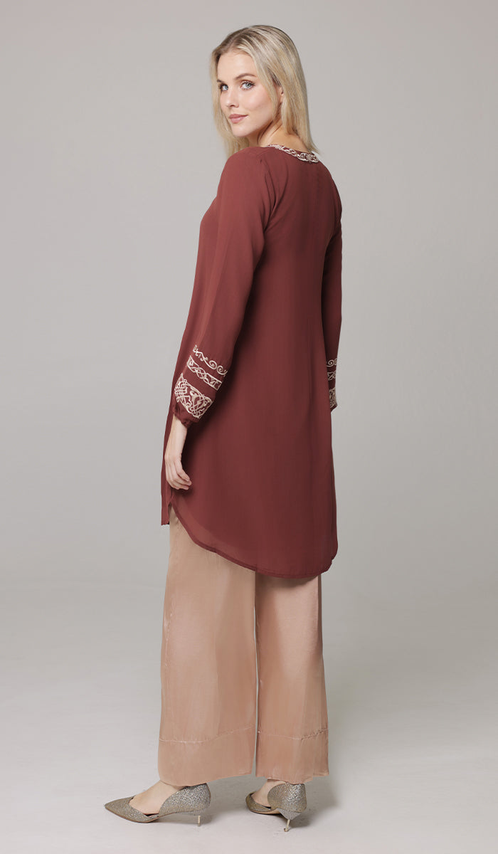 Hikmah Embroidered Modest Midi Tunic - Clay