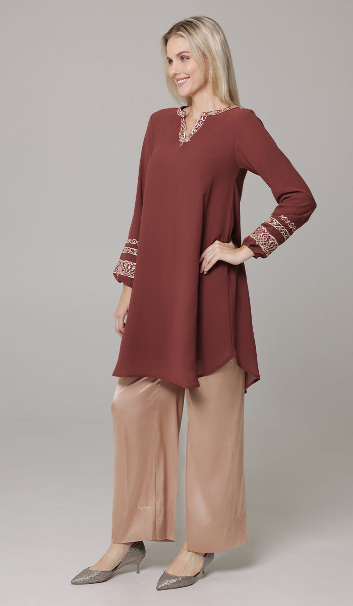 Hikmah Embroidered Modest Midi Tunic - Clay