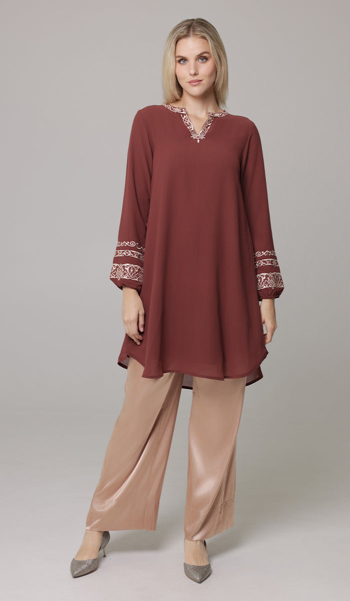 Hikmah Embroidered Modest Midi Tunic - Clay