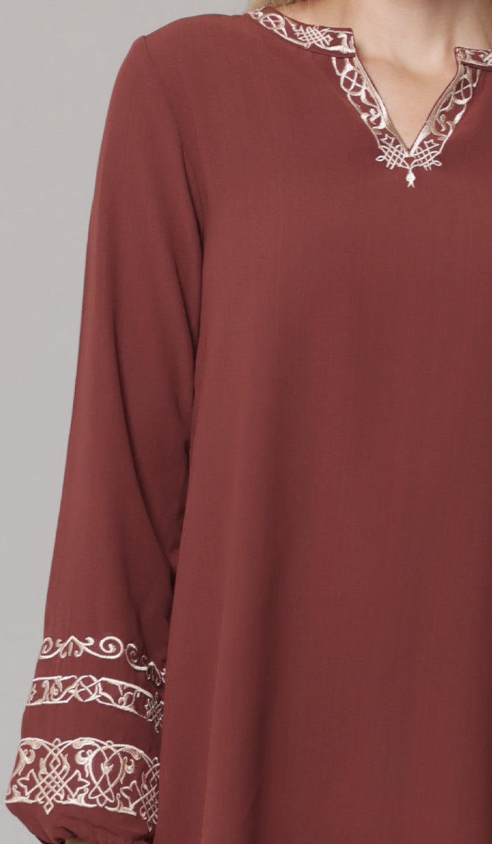 Hikmah Embroidered Modest Midi Tunic - Clay