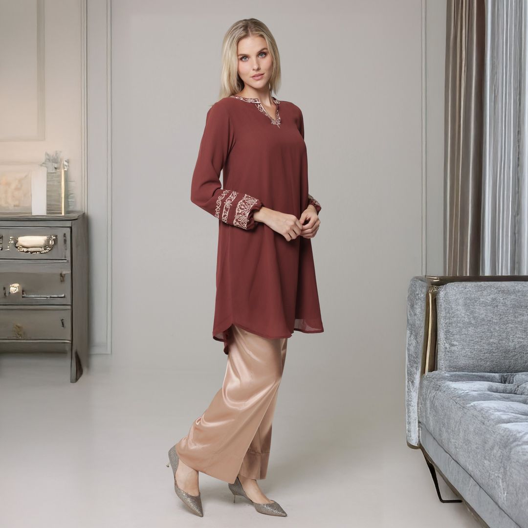 Hikmah Embroidered Modest Midi Tunic - Clay