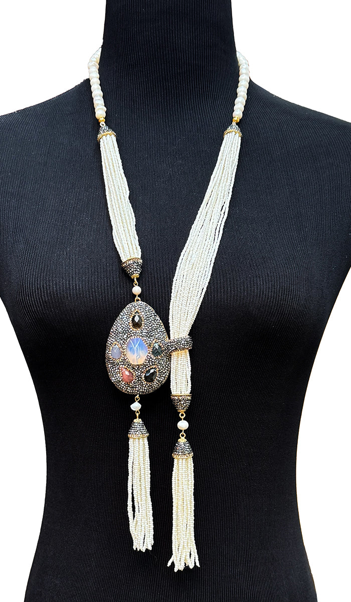 Long Turkish Artisan Tassel Necklace - Moonstone, Pearl & Multi