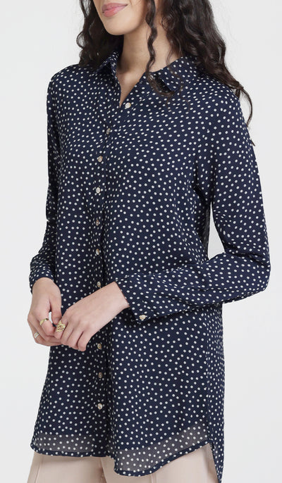 Marwa Chiffon Print Long Button down Shirt - Navy Dot