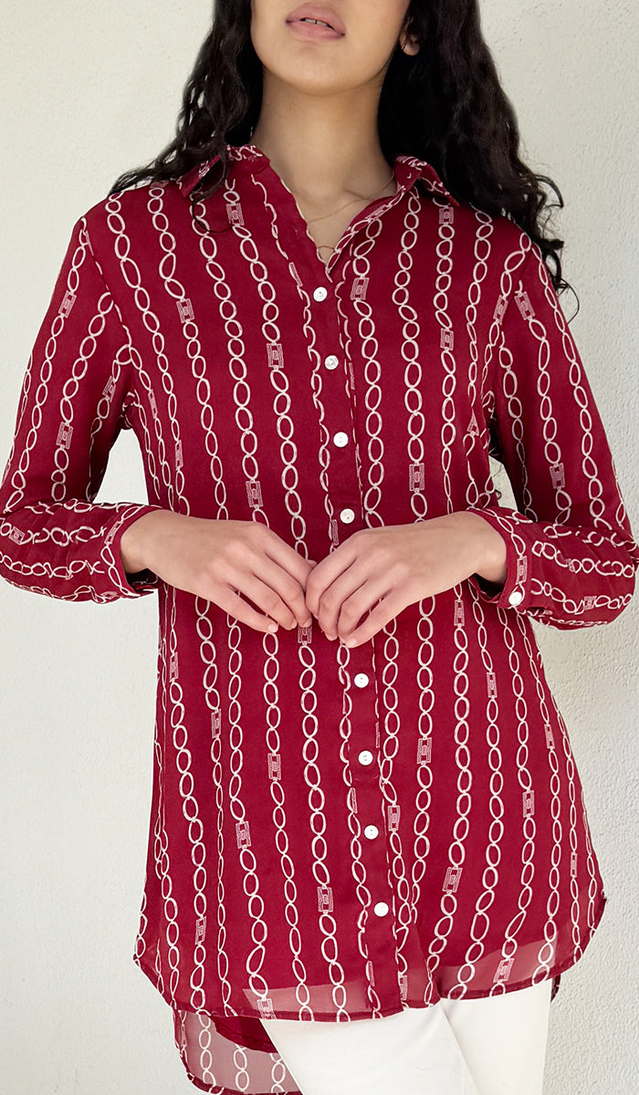 Marwa Maroon and White Print Chiffon Long Button Down Dress Shirt | Modest Fashion | Artizara USA 18 (XXXXL)/50 In.(127 Cm)Garment Chest
