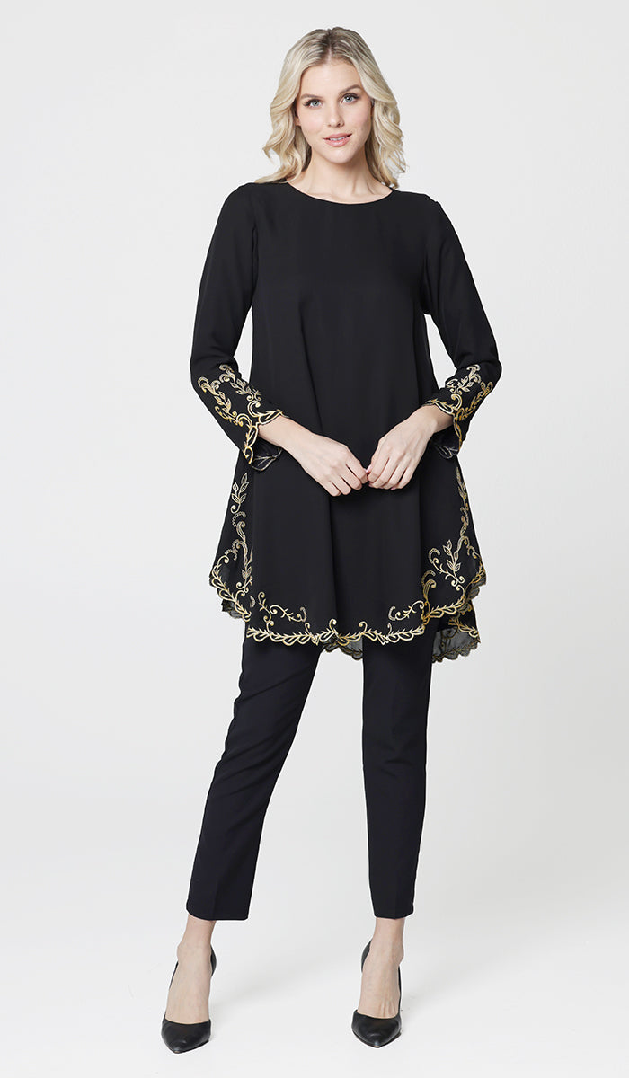 Meena Chiffon Formal Embroidered Long Modest Tunic - Black