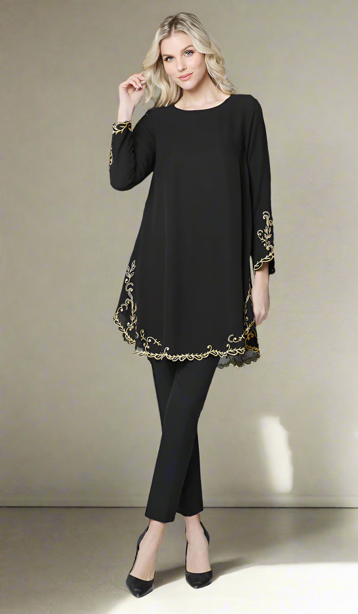 Meena Chiffon Formal Embroidered Long Modest Tunic - Black