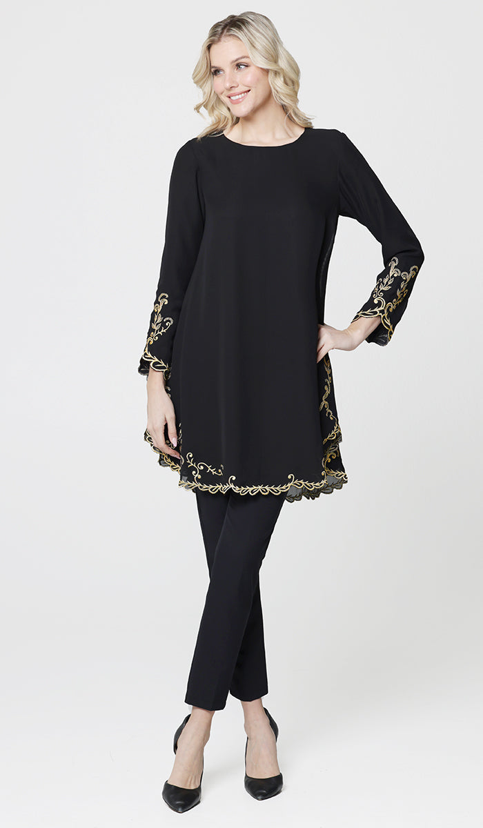 Meena Chiffon Formal Embroidered Long Modest Tunic - Black