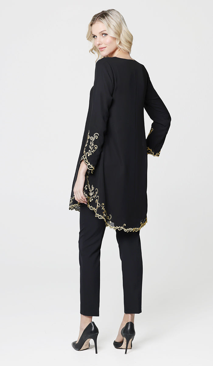 Meena Chiffon Formal Embroidered Long Modest Tunic - Black