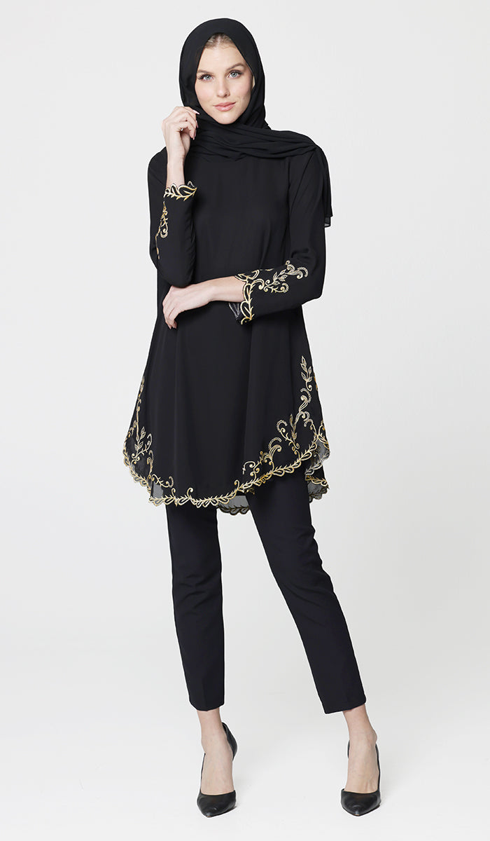 Meena Chiffon Formal Embroidered Long Modest Tunic - Black