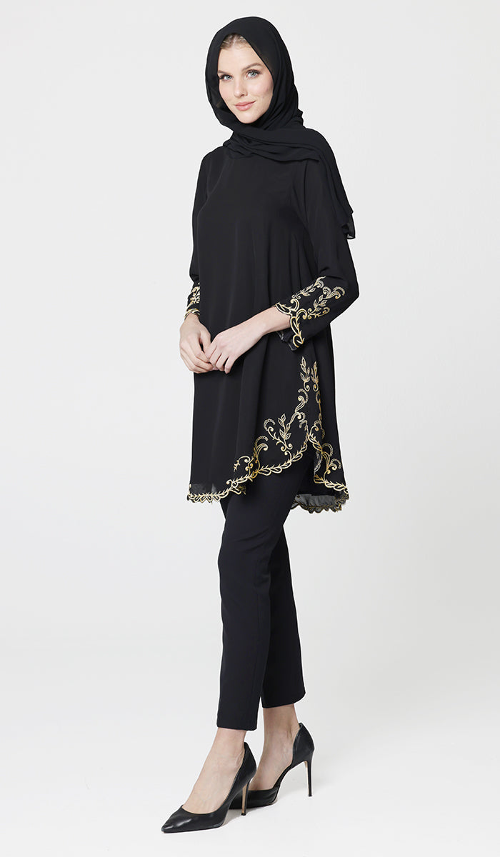 Meena Chiffon Formal Embroidered Long Modest Tunic - Black