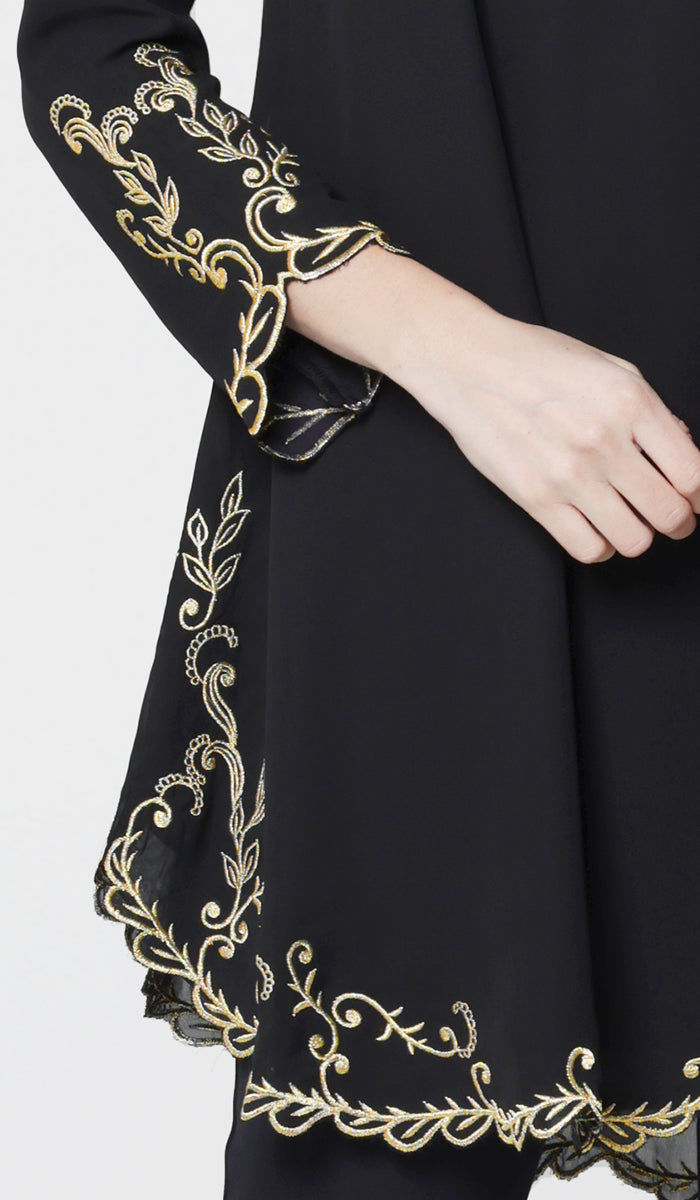 Meena Chiffon Formal Embroidered Long Modest Tunic - Black