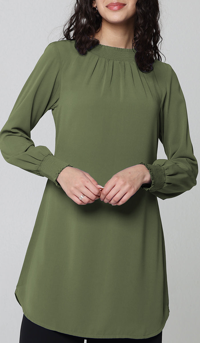 strapless open back dress Mishal Long Essential Modest Tunic - Olive Green | Muslim Clothing