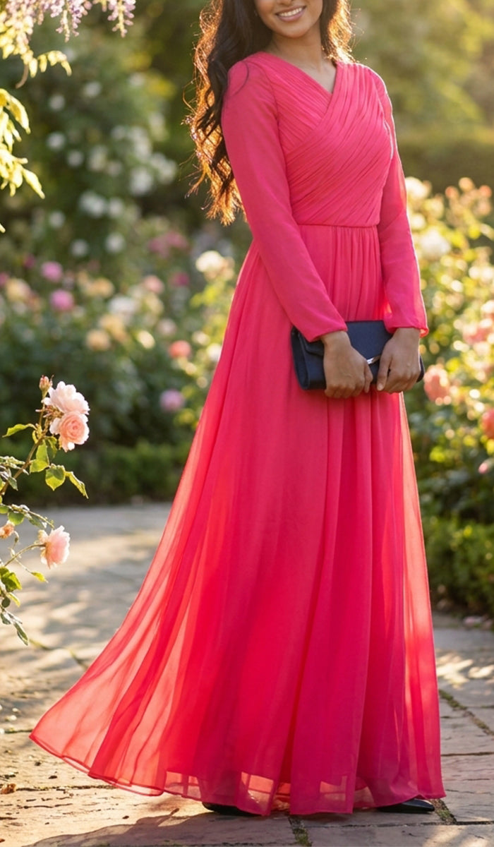 pink dresses for sale Saba Long Sleeve Silk Chiffon Modest Muslim Formal Evening Dress - Coral  Pink