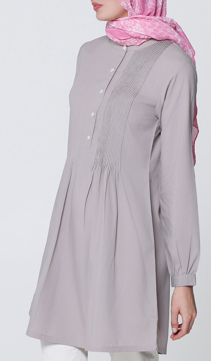 white christmas dresses Stylish Nida Pleated Taupe Cotton Feel Modest Button Down Long Tunic Dress