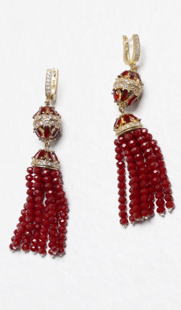 Nilofer Faux Ruby Turkish Tassel Earrings - Maroon - FINAL SALE