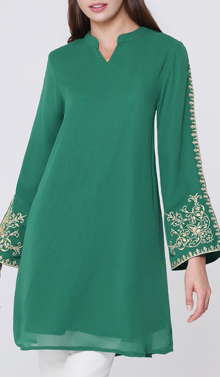 Ruma Embroidered Modest Midi Tunic - Emerald/Gold | Muslim Clothing | Artizara USA 10 (L)/42 In.(107 Cm)Garment Chest Ruma Embroidered Modest Midi Tunic - Emerald/Gold | Muslim Clothing | Artizara USA 10 (L)/42 In.(107 Cm)Garment Chest