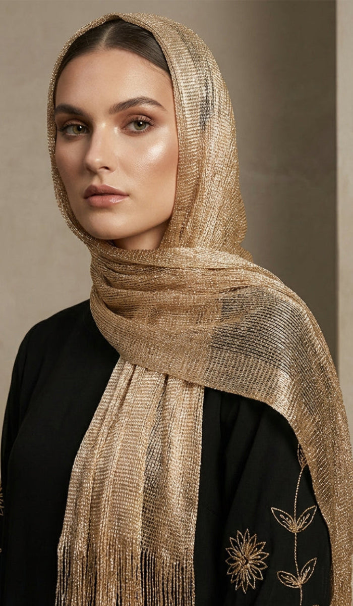 Silky Metallic Non-slip Shawl Hijab - Gold | Islamic Hijabs