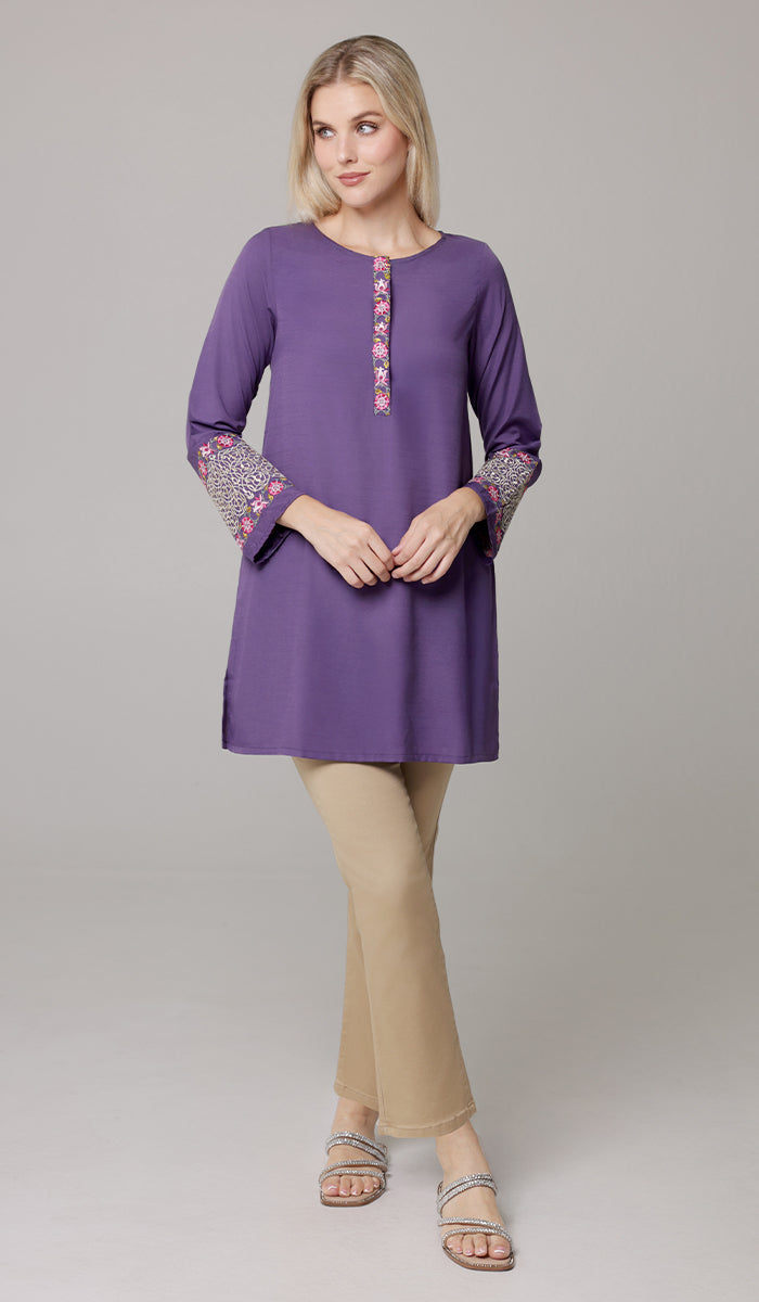 Siyar Embroidered Modest Formal Tunic - Iris/Gold