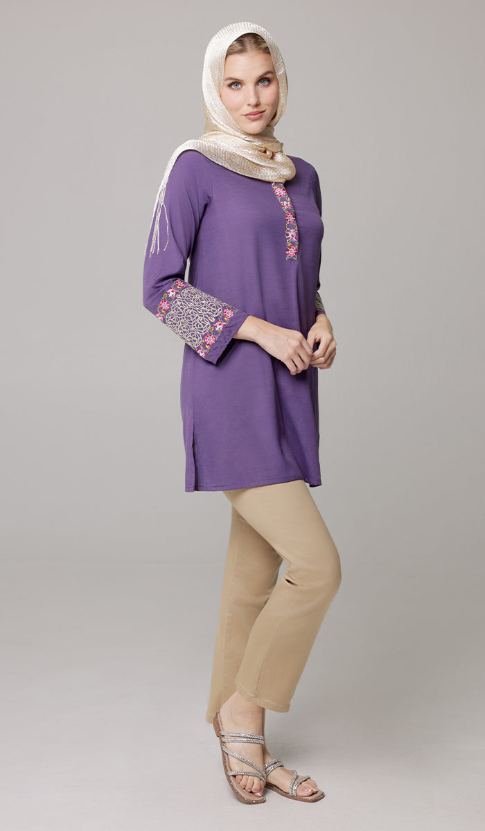 Siyar Embroidered Modest Formal Tunic - Iris/Gold