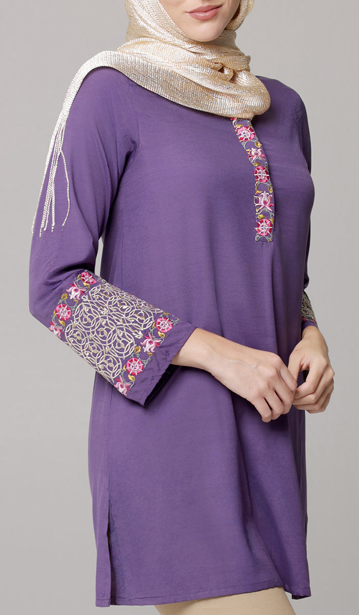 Siyar Embroidered Modest Formal Tunic - Iris/Gold
