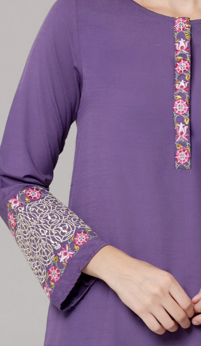 Siyar Embroidered Modest Formal Tunic - Iris/Gold