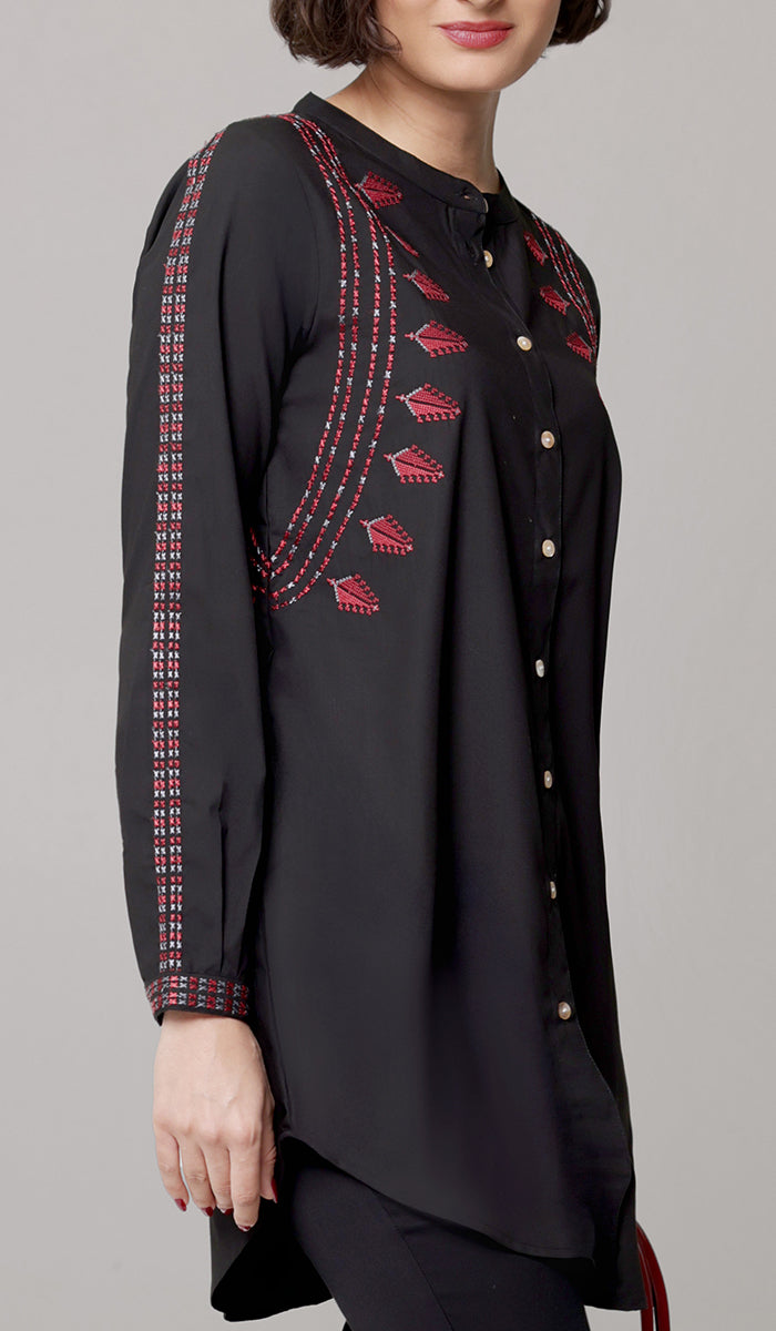 Aya Tatreez inspired Embroidered Modest Button down Shirt - Black