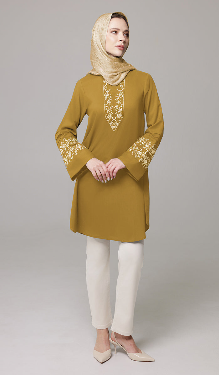 Zoha Embroidered Modest Cotton Feel Midi Tunic - Mustard - PREORDER (ships in 2 weeks)