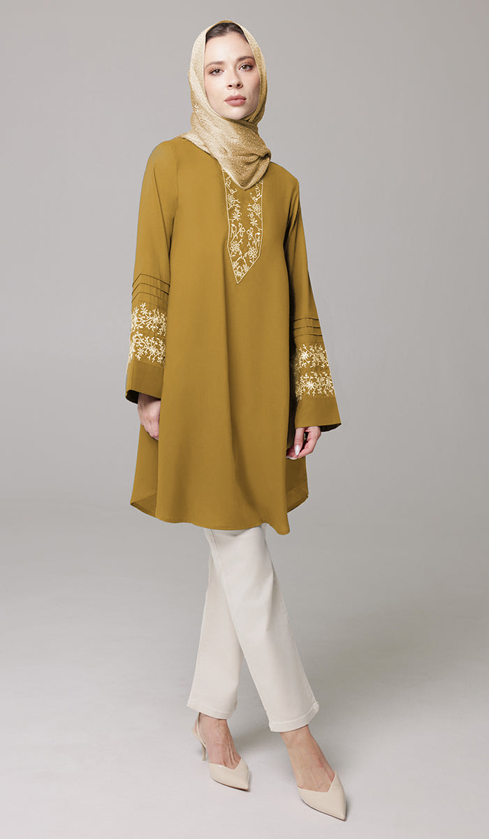 Zoha Embroidered Modest Cotton Feel Midi Tunic - Mustard - PREORDER (ships in 2 weeks)