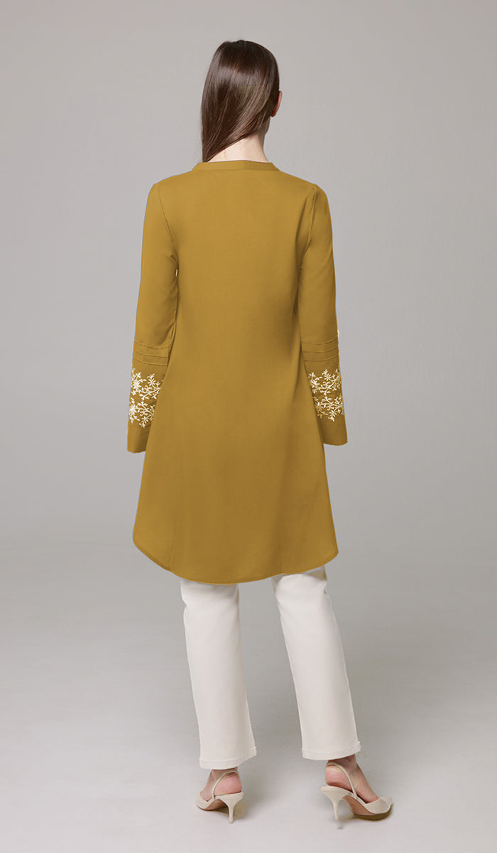 Zoha Embroidered Modest Cotton Feel Midi Tunic - Mustard - PREORDER (ships in 2 weeks)