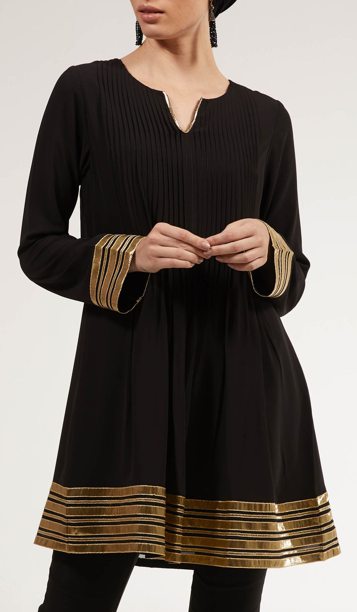 Woman wearing Sultana Gold Embellished Long Modest Tunic in Black.
