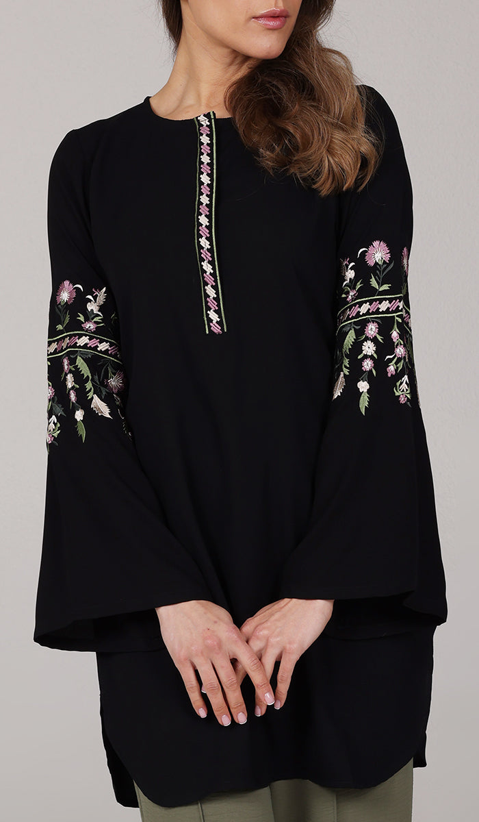 Gulzar Embroidered Long Modest Tunic - Black Gulzar Embroidered Long Modest Tunic - Black