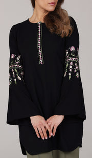 Gulzar Embroidered Long Modest Tunic - Black - PREORDER (ships in 2 weeks)