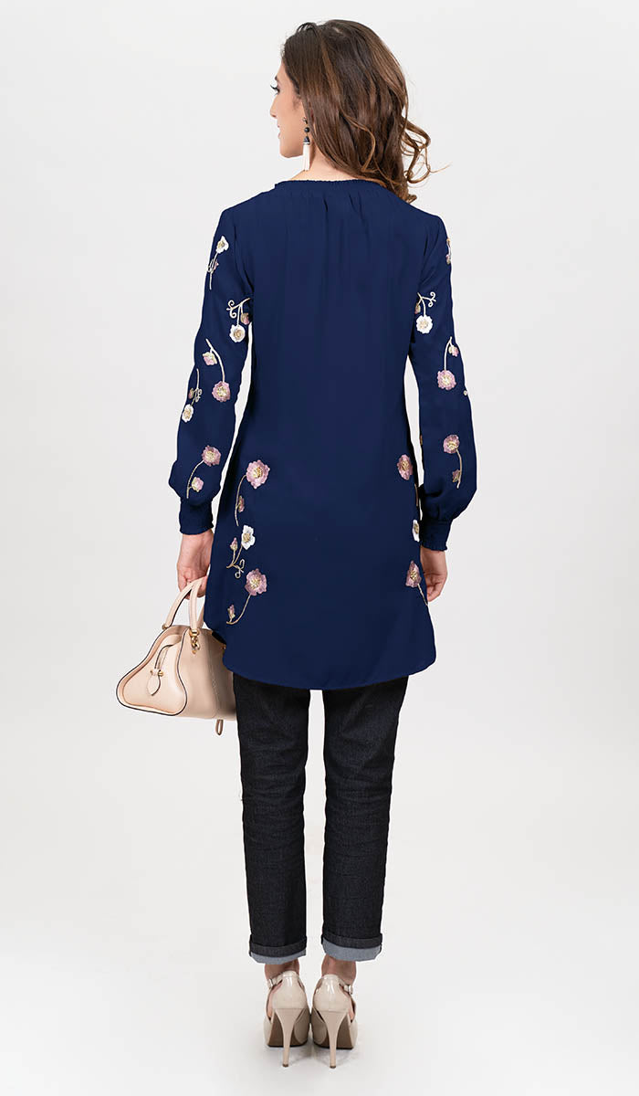 Back view of modest embroidered Iman tunic in Navy.